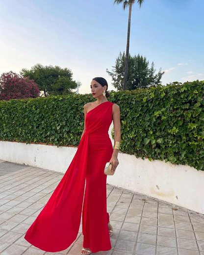 Robe de soirée rouge asymétrique, élégante robe de bal sirène J4182