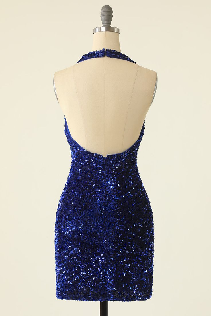 Royal Blue Sequin Halter Backless Short Homecoming Dress  J4173