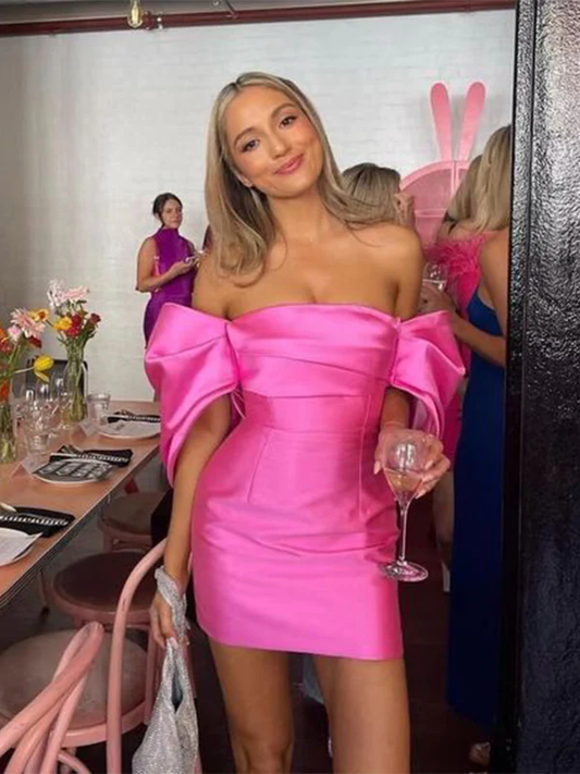 Off The Shoulder Pink Short Party Prom Homecoming Dresses J4194