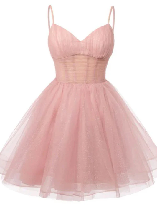 Pink A line Spaghetti Straps Mini Short Prom Homecoming Dresses J4200