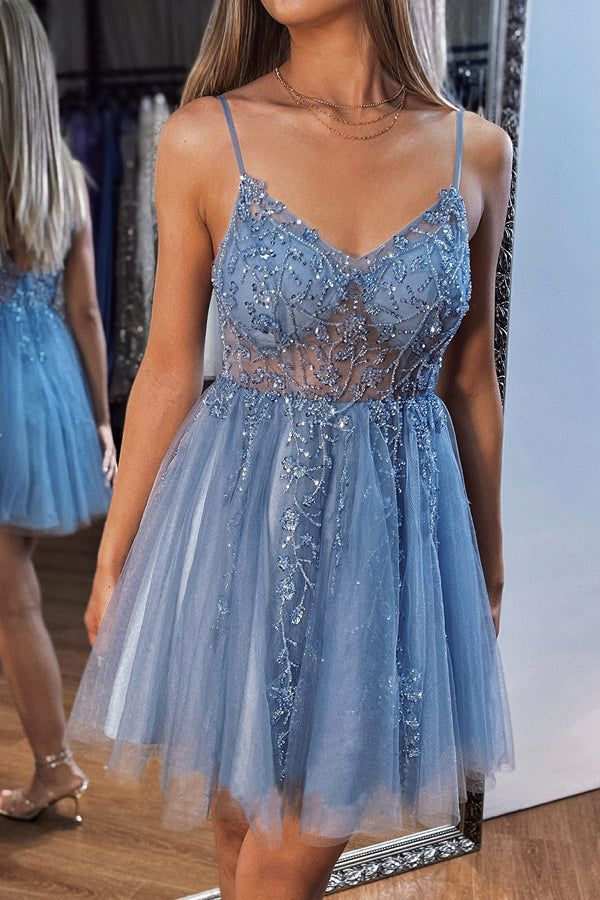 A Line Beaded Short Prom Dress Tulle Homecoming Dress J4207