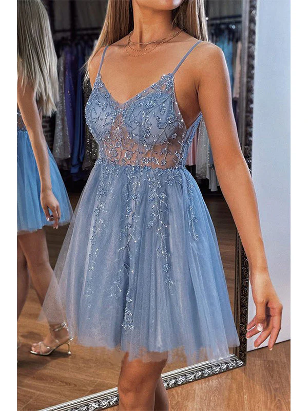 A Line Beaded Short Prom Dress Tulle Homecoming Dress J4207