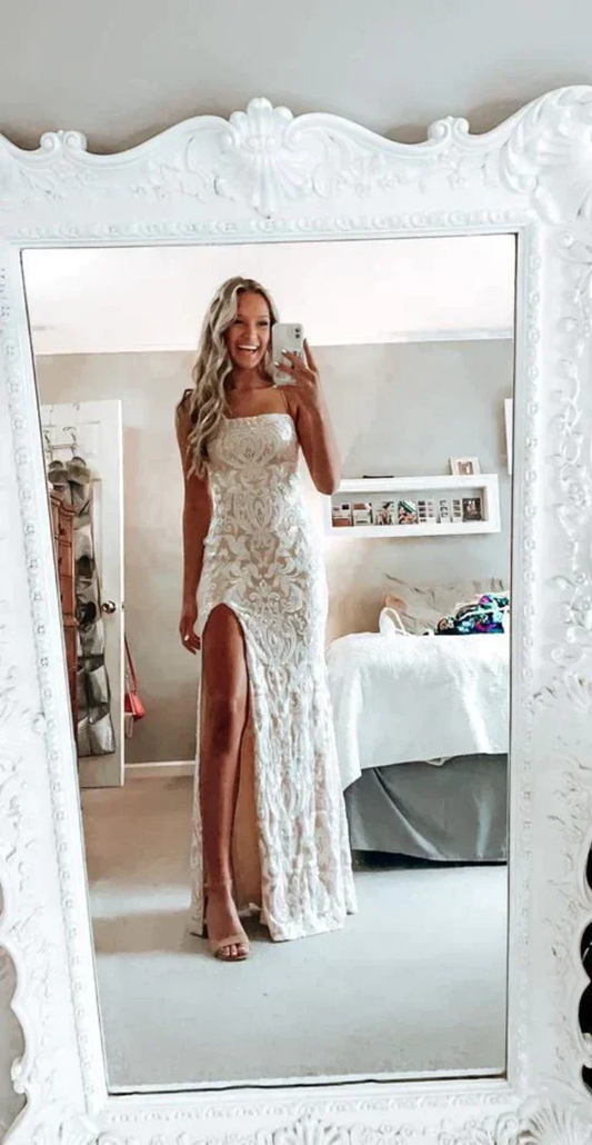 Strapless Lace Long Prom Dress Slit Wedding Dress J4232