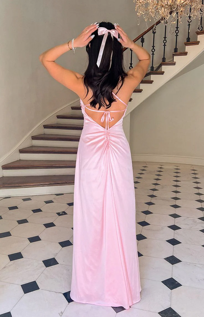 Pink A Line Satin Long Prom Dress Formal Party Gown J4233