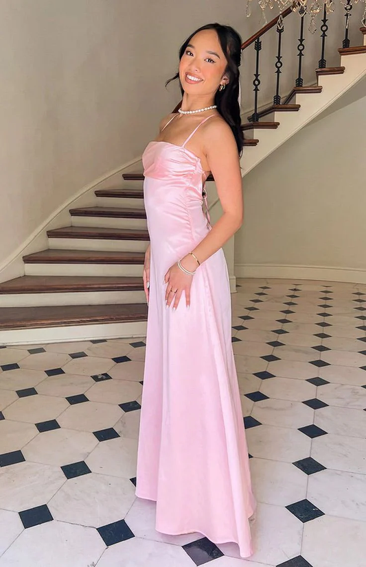 Pink A Line Satin Long Prom Dress Formal Party Gown J4233