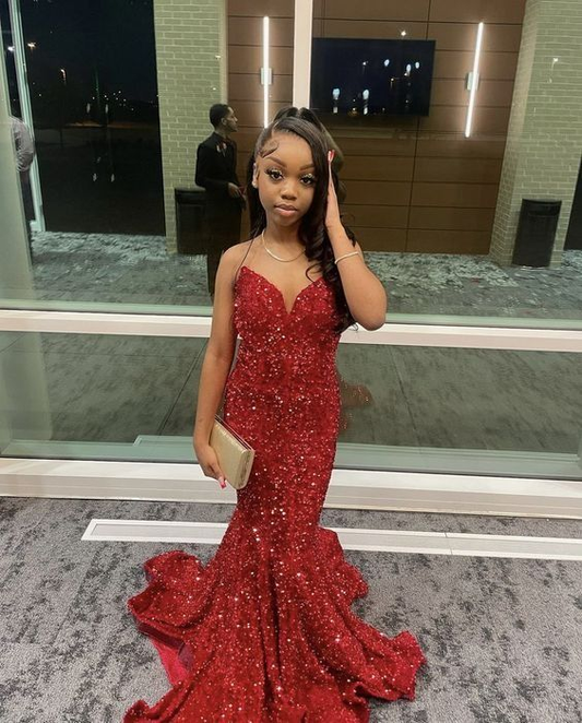 Red Sequins Mermaid Long Prom Dress Sparkly Strapless Evening Dress J4257