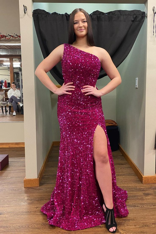 Fuchsia Sequin One Shoulder Mermaid Long Prom Dress With Slit J4258