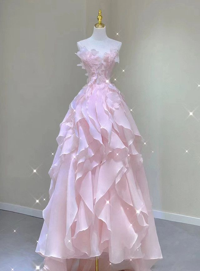 Pink A Line Ruffle Birthday Ball Gown Sweet Long Prom Dress  J4259