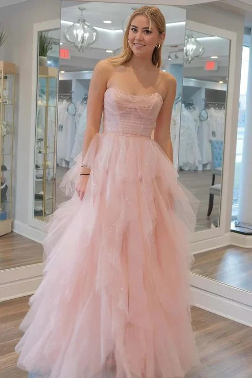 Light Pink A Line Long Prom Dresses Strapless Tulle Birthday Dress  J4260