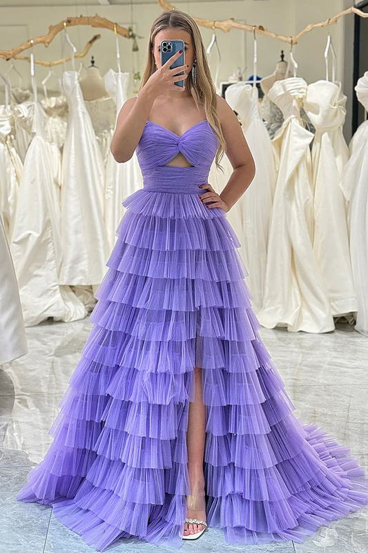 Strapless Purple A Line Prom Dress Layered Birthday Party Gown J4262