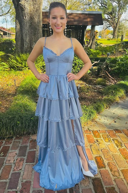 A Line Ruffle Long Prom Dress Blue Satin Slit Dress J4265