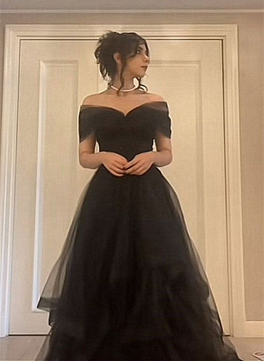 Off Shoulder Long Party Dress Black Tulle Sweetheart A Line Prom Dress  J4272