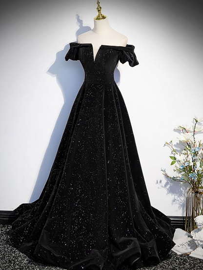 Schulterfreies A-Linien-Ballkleid aus Samt, lang, schwarz, funkelnd, formelles Kleid J4278