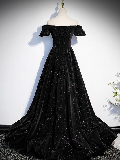 Schulterfreies A-Linien-Ballkleid aus Samt, lang, schwarz, funkelnd, formelles Kleid J4278