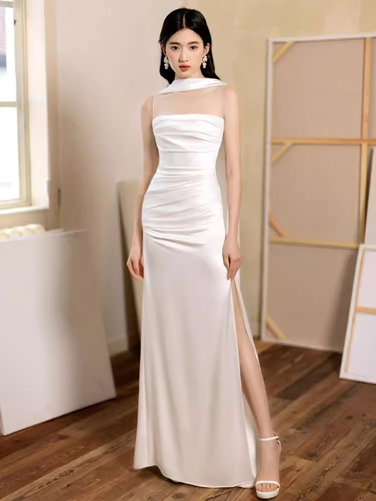 White Sheath Strapless Long Prom Dresses Slit Birthday Outfits J4308