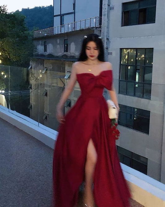 Off The Shoulder A Line Red Long Prom Dress Slit Evening Dress J4311