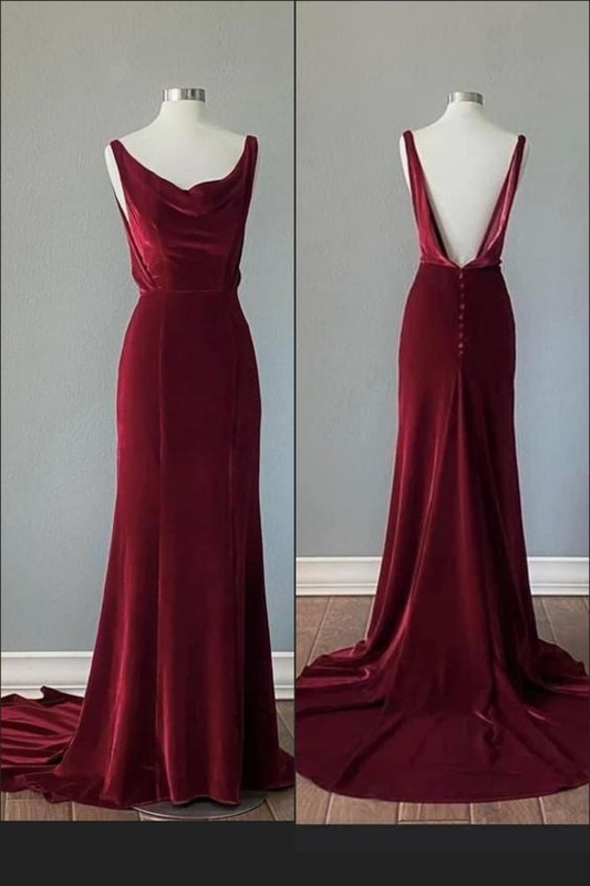 A Line Red Velvet Long Prom Dress Formal Evening Dress With Trail J4312