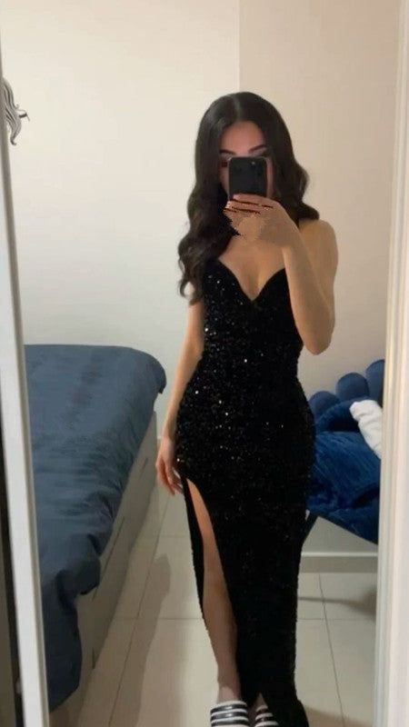 Black Sequin Long Prom Dress Slit Evening Dress J4328