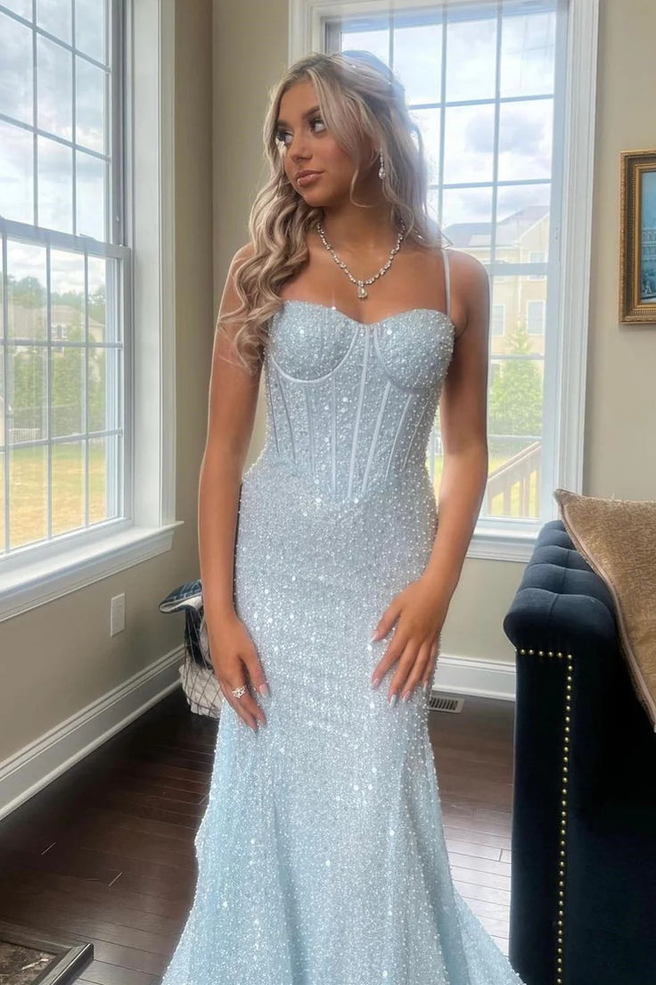 Strapless Mermaid Blue Sequin Long Prom Dress Formal Evening Dress J4329