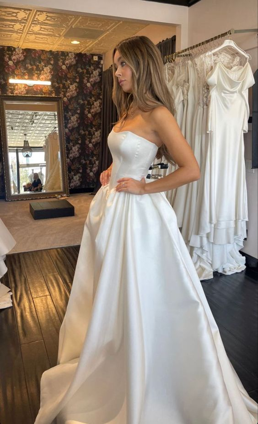 White Strapless A Line Wedding Dresses J4330