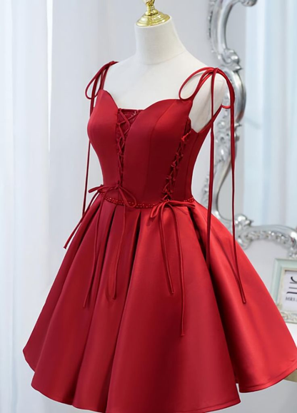 Robe de bal courte en satin à col en V, robe de soirée rouge J4337