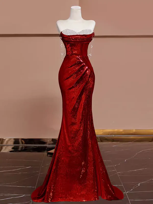 Strapless Red Sequin Mermaid Long Prom Dress Formal Evening Gown J4355