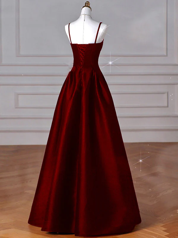 Burgundy A Line Satin Long Prom Dresses Evening Party Gown J4359