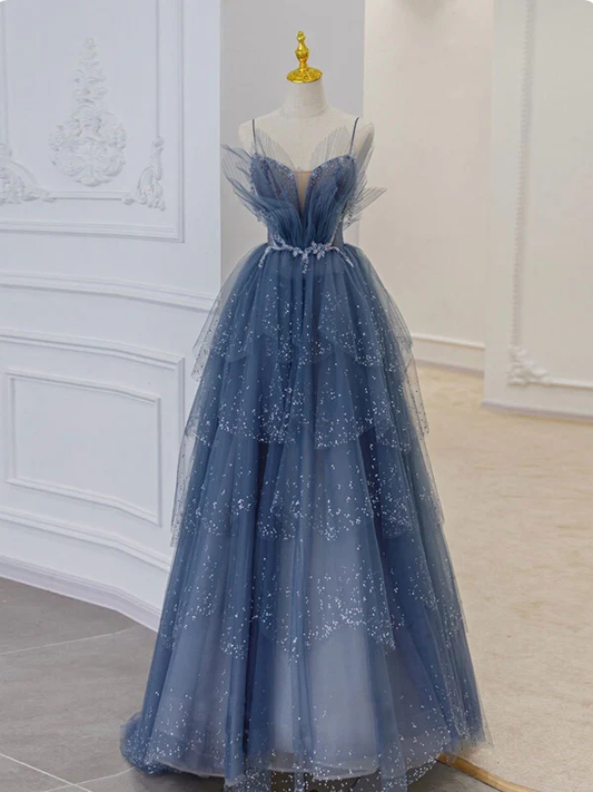 Blue Tulle Sequin Beads Long Prom Dress Sweet 15 Birthday Ball Gown J4363