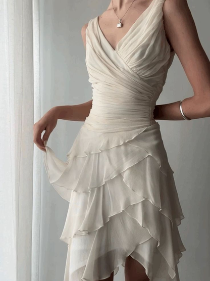 Robe de bal trapèze à volants et col en V, robe de soirée superposée J4366