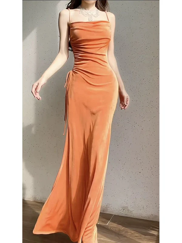 Spaghetti Straps Organge Velvet Sheath Long Prom Dress Evening Dresses J4367