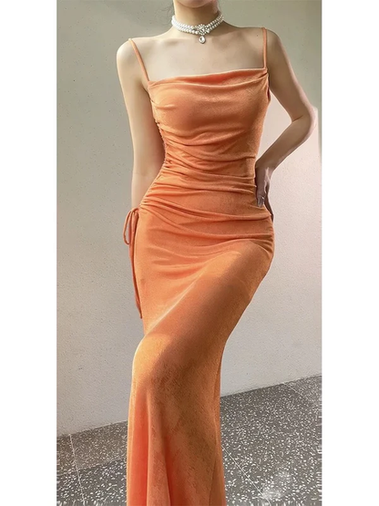 Spaghetti Straps Organge Velvet Sheath Long Prom Dress Evening Dresses J4367