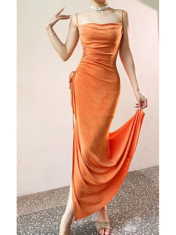 Spaghetti Straps Organge Velvet Sheath Long Prom Dress Evening Dresses J4367