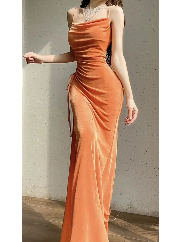 Spaghetti Straps Organge Velvet Sheath Long Prom Dress Evening Dresses J4367