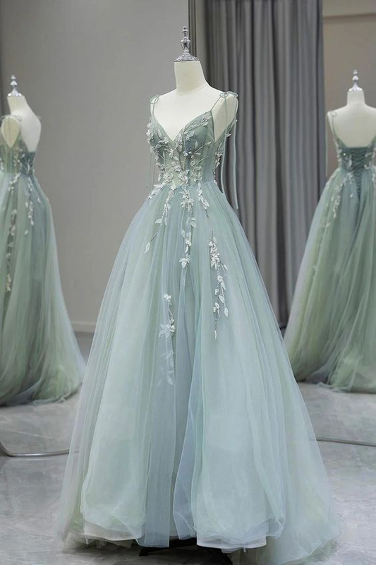 A Line Tulle Long Prom Dress Applique Formal Party Dresses J4368