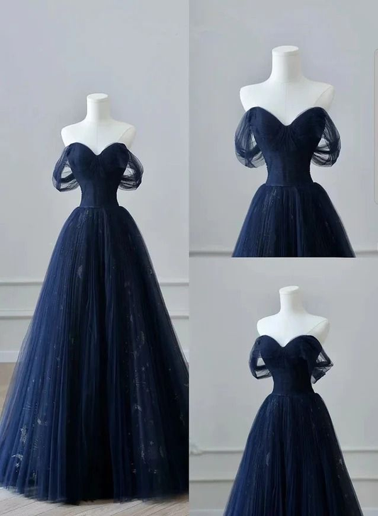 Navy Blue Tulle Off Shoulder Sweetheart Party Dress J4371