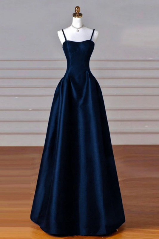 A Line Dark Blue Satin Long Prom Dress  J4372