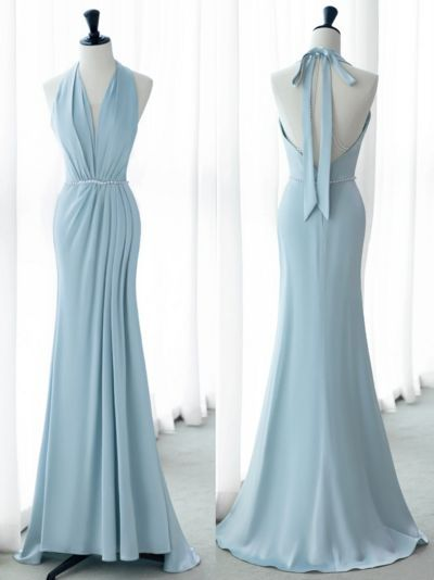 Halter Blue Mermaid Elegant Bridesmaid Dress  J4374