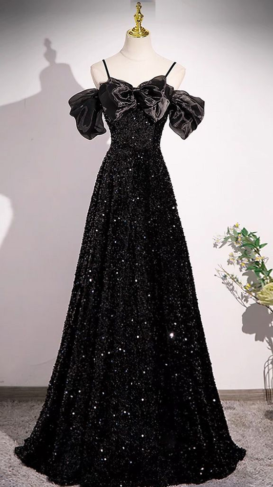 A Line Off Shoulder Black Sequin Long Prom Dress J4375