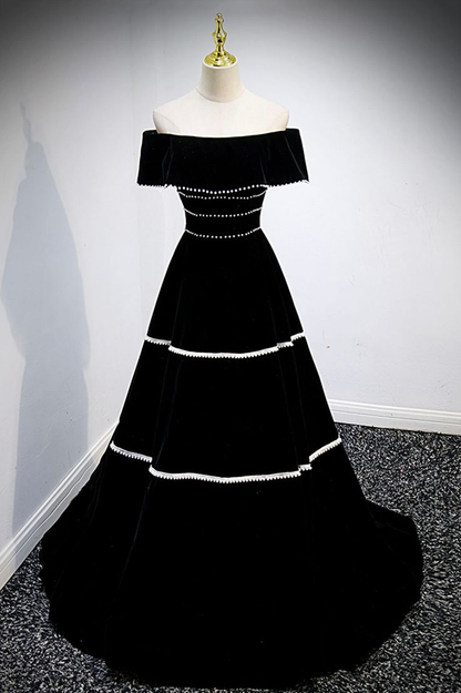 Robe de bal longue en velours noir, élégante robe de soirée trapèze J4376