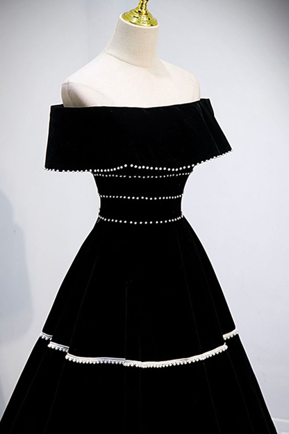 Robe de bal longue en velours noir, élégante robe de soirée trapèze J4376