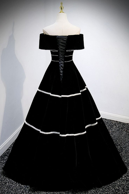 Robe de bal longue en velours noir, élégante robe de soirée trapèze J4376