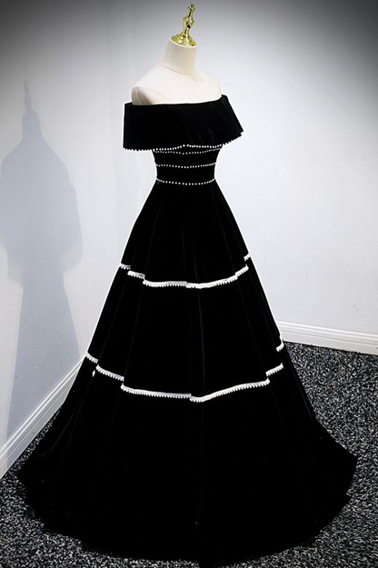 Robe de bal longue en velours noir, élégante robe de soirée trapèze J4376