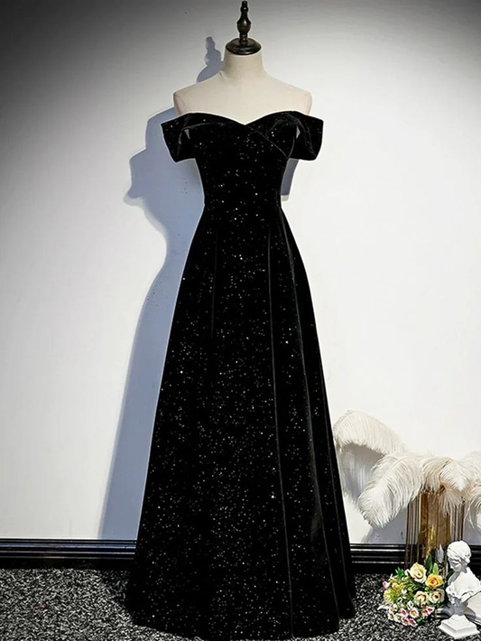 Black Velvet Long Prom Dress Off The Shoulder Evening Party Dress J4381