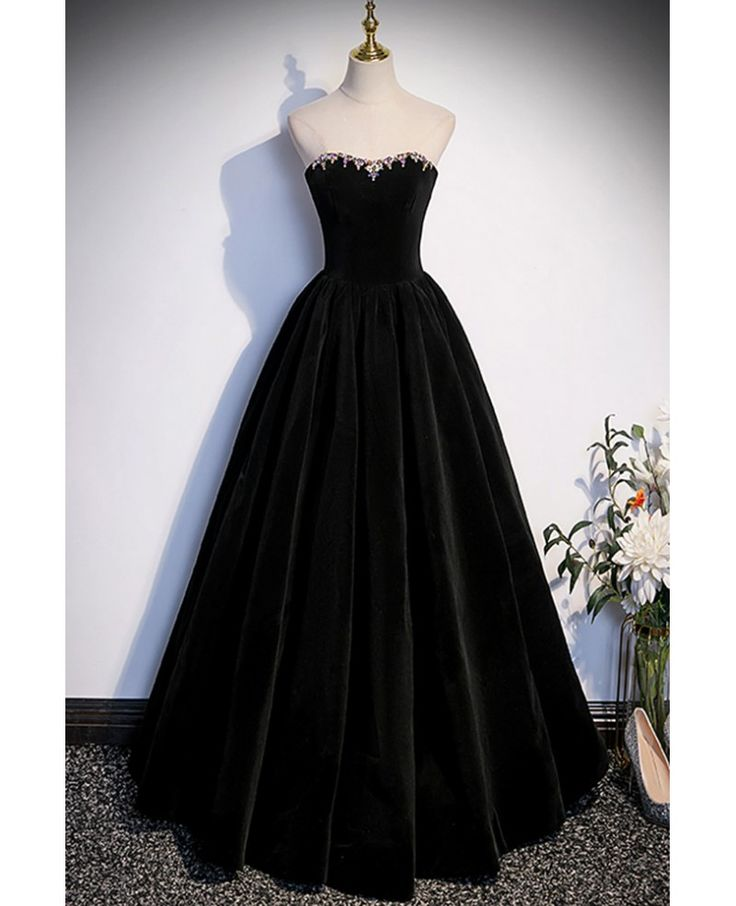 Strapless A Line Long Black Velvet Prom Dress J4382