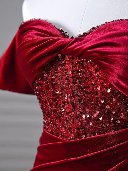 Robe de bal sirène bordeaux à épaules dénudées, longue, en velours, tenue d'anniversaire, J4383