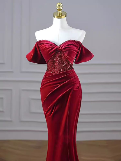 Robe de bal sirène bordeaux à épaules dénudées, longue, en velours, tenue d'anniversaire, J4383