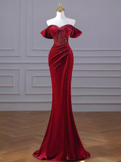 Robe de bal sirène bordeaux à épaules dénudées, longue, en velours, tenue d'anniversaire, J4383
