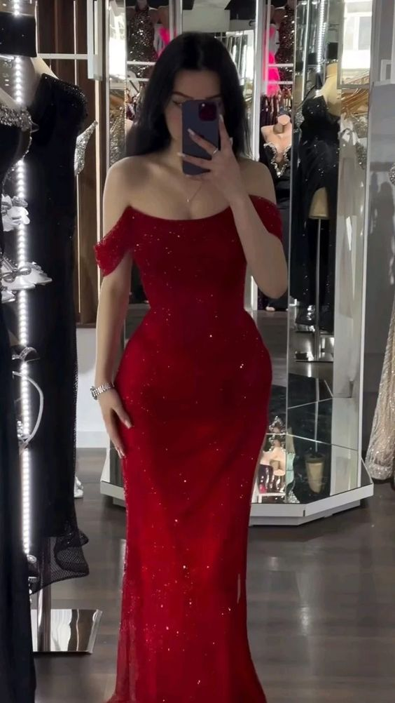 Mermaid Sparkling Red Off The Shoulder Long Prom Formal Dress J4387