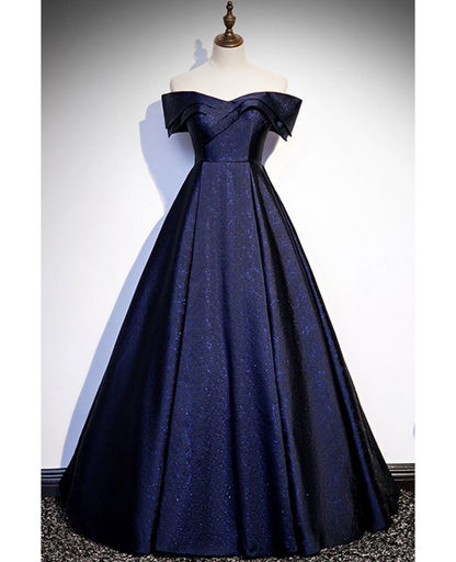 Robe de bal longue bleu marine à épaules dénudées et coupe trapèze J4389