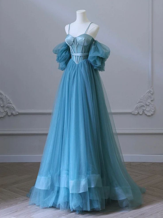 A Line Tulle Blue Long Prom Dress Formal Party Gown J4391